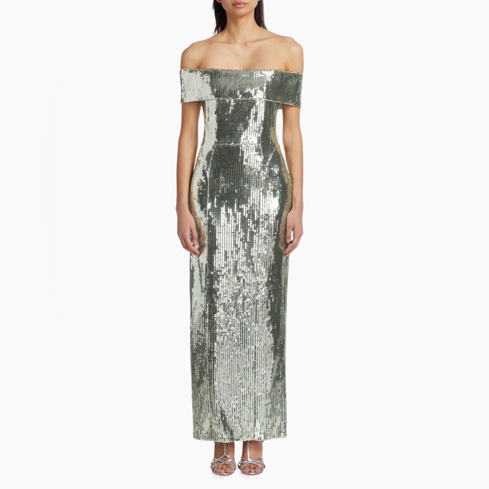 Galvan London 'Glencoe' Sequined Off-The-Shoulder Gown in Seaglass - Picture 3 of 6
